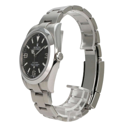 Rolex Explorer I Edelstahl 214270 seitliche Ansicht mit schwarzem Zifferblatt und Edelstahlband