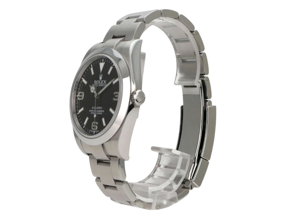 Rolex Explorer I Edelstahl 214270 seitliche Ansicht mit schwarzem Zifferblatt und Edelstahlband