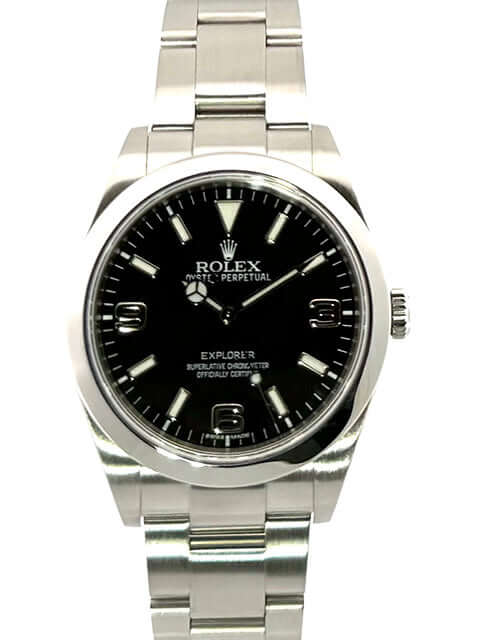 Rolex Explorer I Edelstahl 214270, schwarzes Zifferblatt, poliertes und satiniertes Edelstahlgehäuse, Oyster-Armband, Automatikwerk, 39 mm Gehäusedurchmesser.
