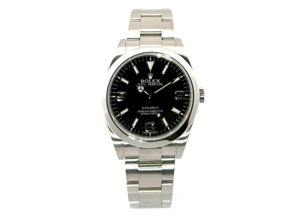 Rolex Explorer I Edelstahl 214270, 39 mm Gehäusedurchmesser, schwarzes Zifferblatt, Oyster Edelstahlband, poliertes Gehäuse, 2016 Modell.