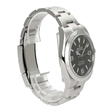 Rolex Explorer I Edelstahl 214270 Uhr mit schwarzem Zifferblatt und Edelstahlband, poliert und satiniert.