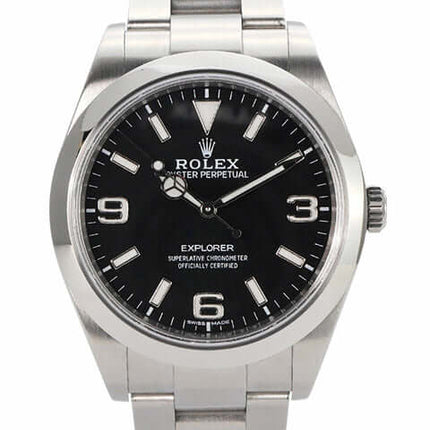 Rolex Explorer I 214270 Edelstahl Uhr mit schwarzem Zifferblatt und Oyster Armband.