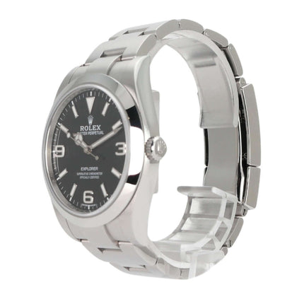 Luxusuhren Rolex Explorer I 214270 mit schwarzem Zifferblatt, Edelstahlgehäuse und Oyster-Armband, poliert und satiniert.