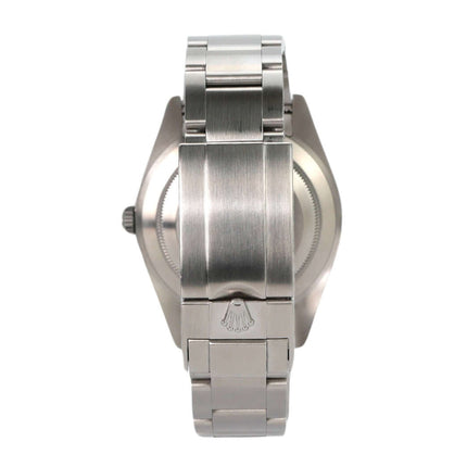 Rückansicht des Rolex Explorer I Edelstahl 214270 mit poliertem und satiniertem Oysterband.