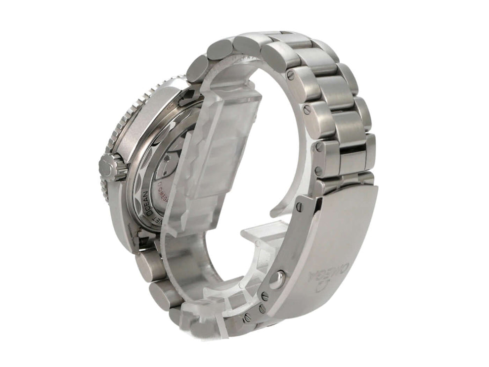 Omega Seamaster Planet Ocean 600m 39.5 mm 215.30.40.20.03.001 Rückansicht mit Edelstahl-Armband und Sicherheitsfaltschließe.