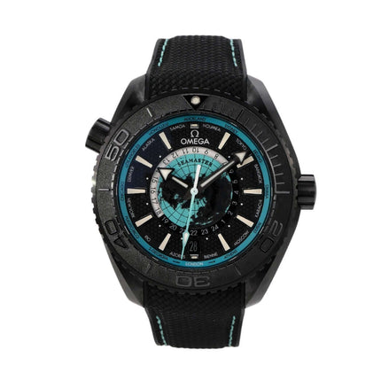 Omega Seamaster Planet Ocean 600M Worldtimer mit schwarzem Keramikgehäuse und Kautschukband, 45,5 mm Durchmesser.