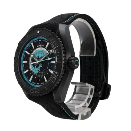 Omega Seamaster Planet Ocean 600M Worldtimer 215.92.46.22.01.006 mit schwarzem Kautschukband und Keramikgehäuse.