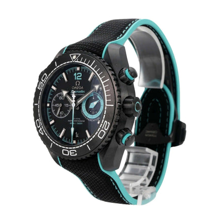 Omega Seamaster Planet Ocean 600M Chronograph ETNZ Deep Black 215.92.46.51.01.003 mit schwarzem und türkisfarbenem Armband