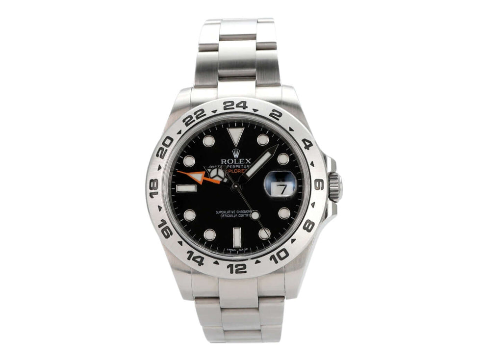 Rolex Explorer II 42 Edelstahl Ref. 216570 mit schwarzem Zifferblatt und Leuchtindizes, Automatikuhr mit Edelstahlarmband.