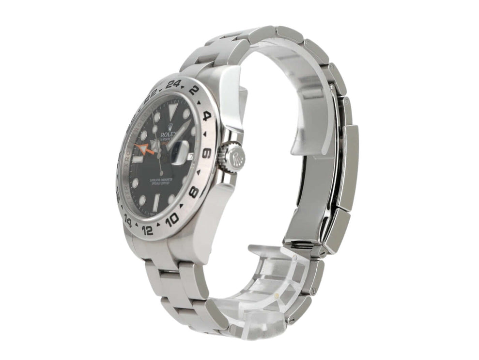 Rolex Explorer II 42 Edelstahl Ref. 216570, schwarzes Zifferblatt, Oyster Armband, seitliche Ansicht.