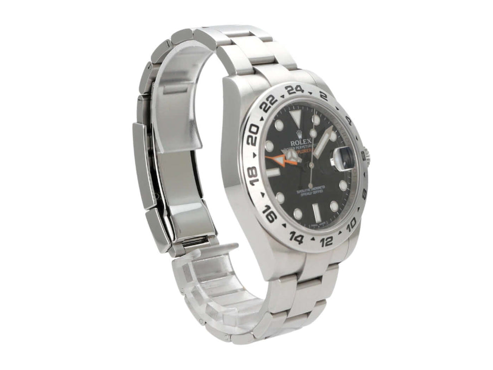 Rolex Explorer II 42 Edelstahl Ref. 216570 mit schwarzem Zifferblatt und satiniertem Armband.