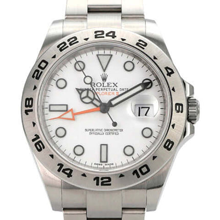 Rolex Explorer II 42 Edelstahl 216570 weißes Zifferblatt mit Automatikwerk und Leuchtindizes.