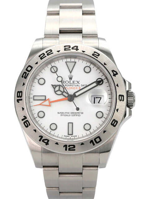 Rolex Explorer II 42 Edelstahl 216570 weißes Zifferblatt mit Automatikwerk und Leuchtindizes.