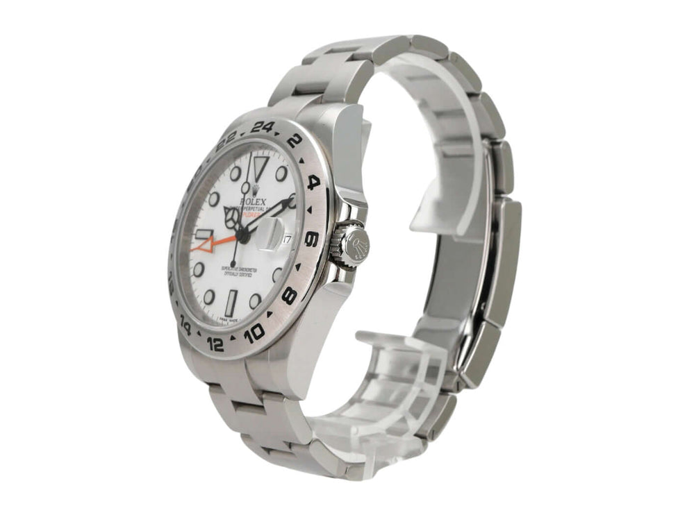 Rolex Explorer II 42 Edelstahl 216570 weißes Zifferblatt seitlich mit Edelstahlarmband