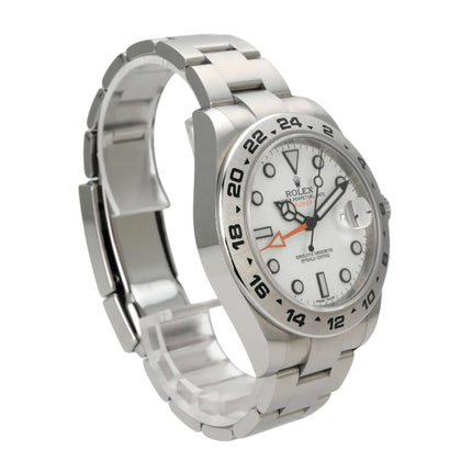 Rolex Explorer II 42 Edelstahl 216570 weißes Zifferblatt, elegante Armbanduhr mit Automatikwerk und leuchtenden Indizes.