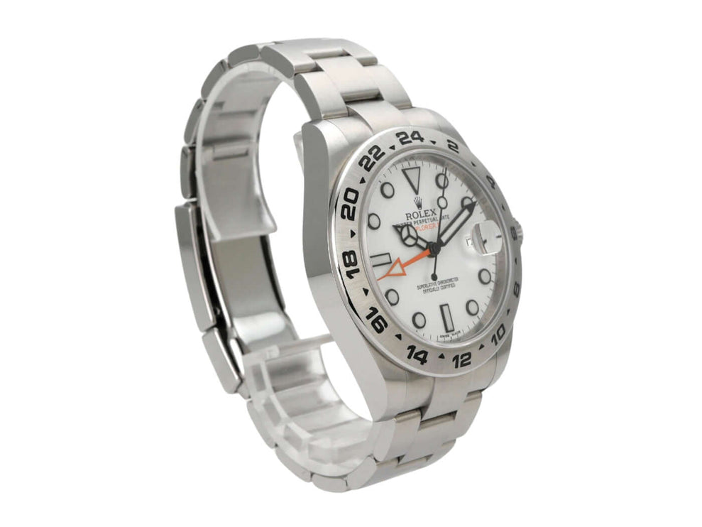 Rolex Explorer II 42 Edelstahl 216570 weißes Zifferblatt, elegante Armbanduhr mit Automatikwerk und leuchtenden Indizes.
