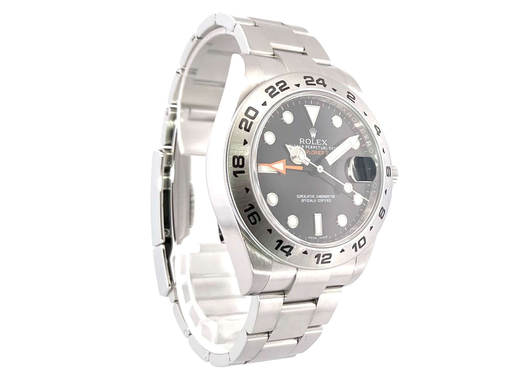 Rolex Explorer II 42 Edelstahl Ref. 216570 Schwarz, poliertes und satiniertes Edelstahlgehäuse, schwarzes Zifferblatt mit Leuchtindizes, 42mm.