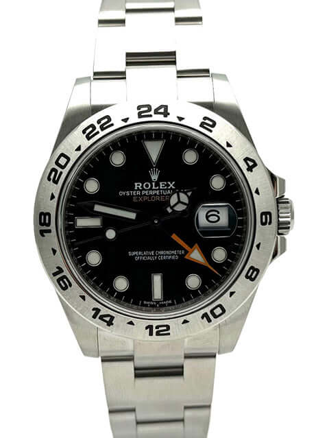 Rolex Explorer II 42 Edelstahl Ref. 216570 schwarzes Zifferblatt, poliertes und satiniertes Gehäuse, Automatikwerk, Oyster Armband.