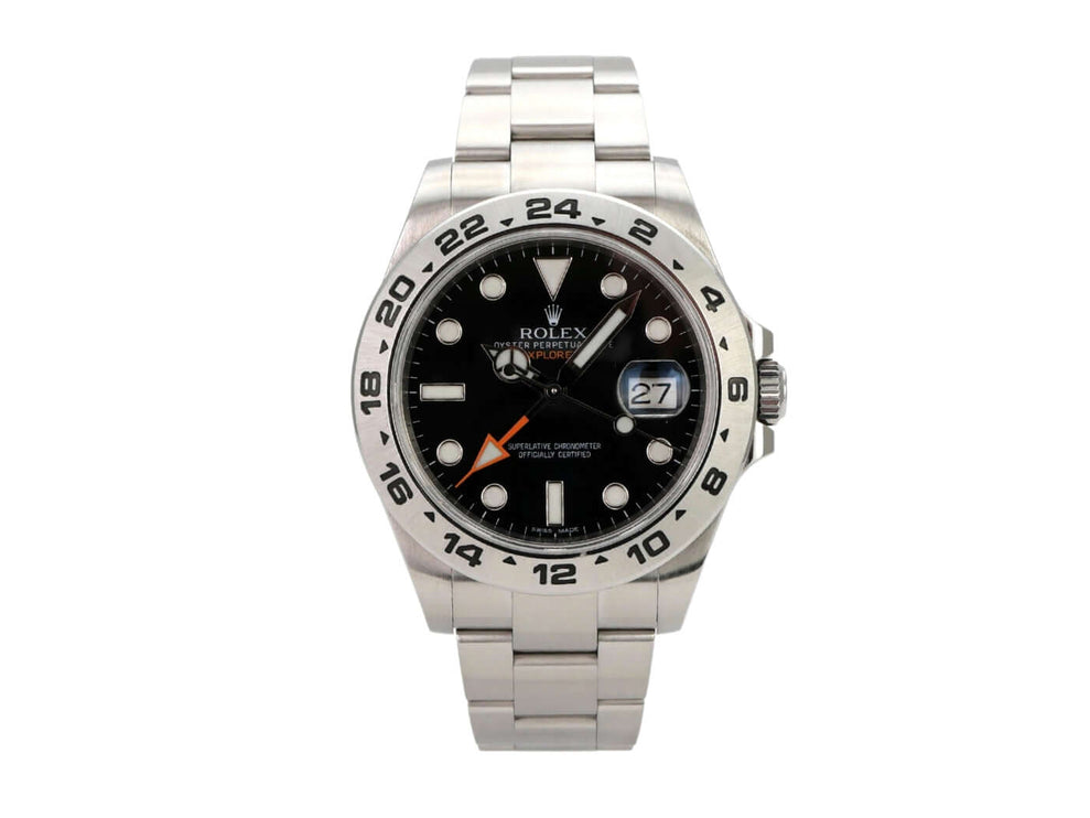 Rolex Explorer II 42 Edelstahl 216570 Schwarz mit schwarzem Zifferblatt und Edelstahlarmband.