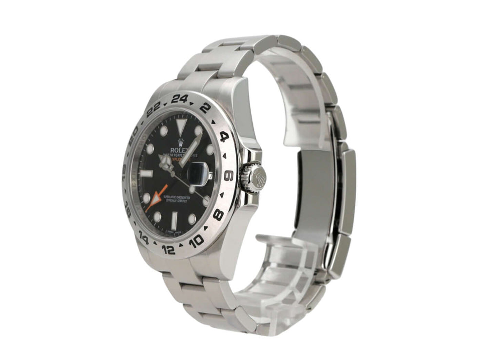 Rolex Explorer II 42 Edelstahl 216570 Schwarz - Automatikarmbanduhr mit schwarzem Zifferblatt und Edelstahlgehäuse.