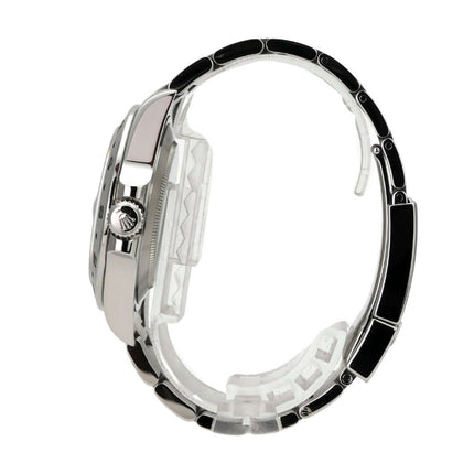 Rolex Explorer II 42 Edelstahl 216570 Schwarz seitliche Ansicht mit poliertem Gehäuse und schwarzem Armband