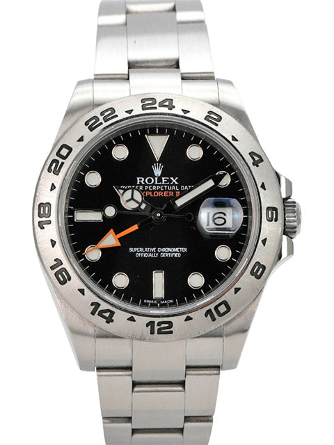 Rolex Explorer II 42 Edelstahl 216570 Schwarz mit schwarzem Zifferblatt und Edelstahl-Armband.