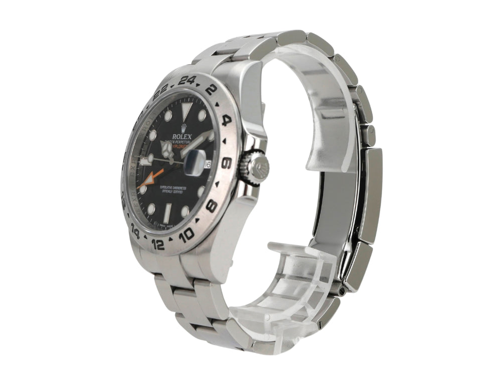 Rolex Explorer II 42 Edelstahl 216570 Schwarz seitliche Ansicht mit schwarzem Zifferblatt und Edelstahl-Armband