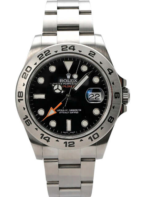Rolex Explorer II 42 Edelstahl 216570 Schwarz - Frontansicht des Uhrengesichts mit schwarzem Zifferblatt und leuchtenden Indizes.