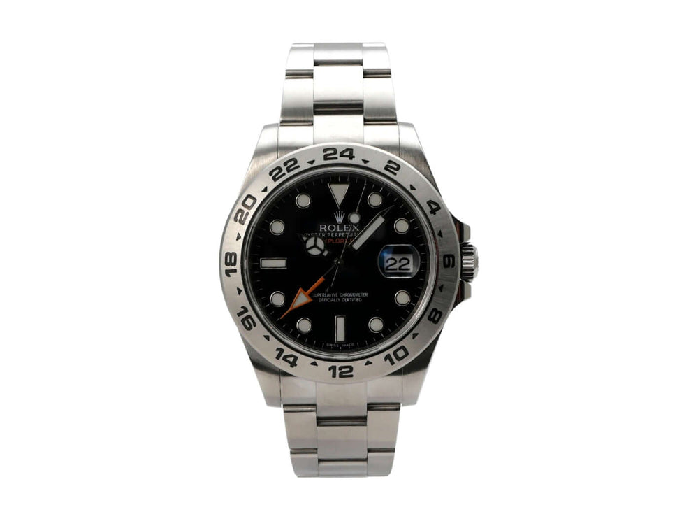 Rolex Explorer II 42 Edelstahl 216570 Schwarz - Detailaufnahme des Edelstahlgehäuses und der Lünette mit 24-Stunden-Skala.