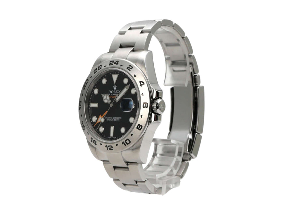 Rolex Explorer II 42 Edelstahl 216570 Schwarz - Seitenansicht des Gehäuses mit verschraubter Krone und Sicherheitsfaltschließe.