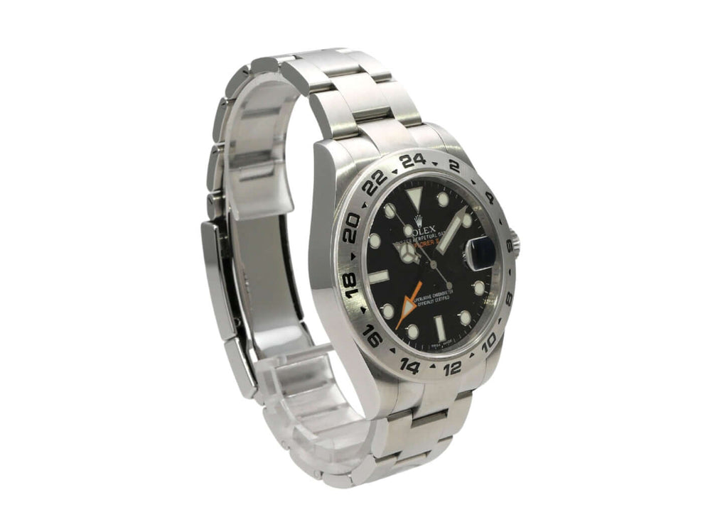 Rolex Explorer II 42 Edelstahl 216570 Schwarz - Rückansicht der Uhr mit verschraubtem Edelstahlboden.