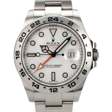 Rolex Explorer II 42 Edelstahl 216570 weißes Zifferblatt mit poliertem Edelstahlarmband und Leuchtindizes.