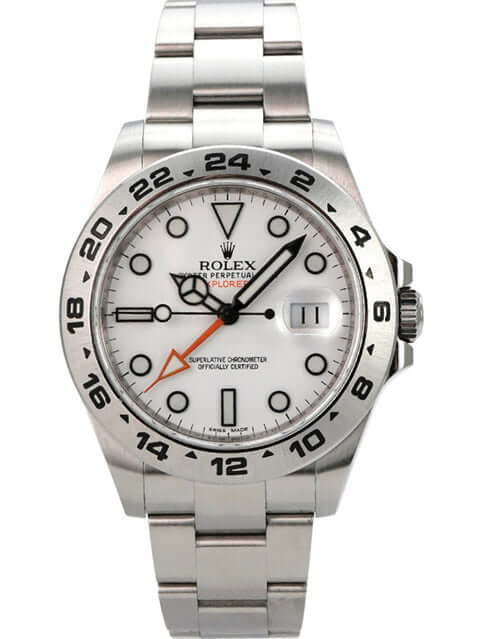 Rolex Explorer II 42 Edelstahl 216570 weißes Zifferblatt mit poliertem Edelstahlarmband und Leuchtindizes.