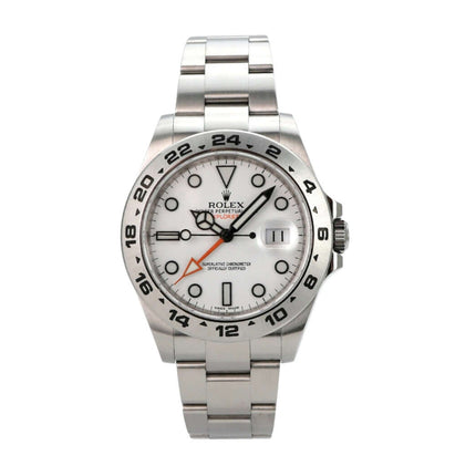 Rolex Explorer II 42 Edelstahl 216570 weißes Zifferblatt mit Edelstahlarmband und Leuchtindizes.