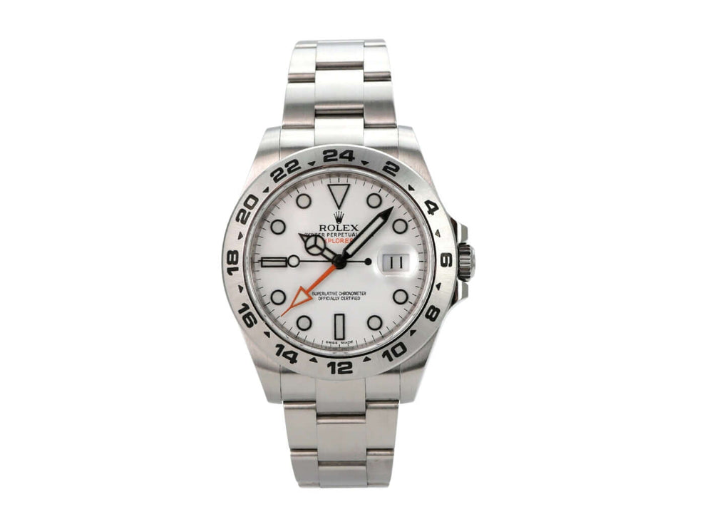 Rolex Explorer II 42 Edelstahl 216570 weißes Zifferblatt mit Edelstahlarmband und Leuchtindizes.