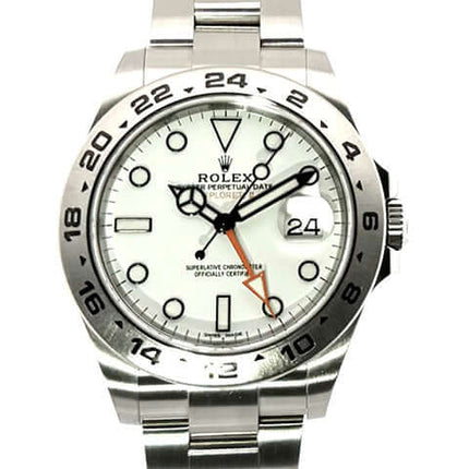 Rolex Explorer II 42 mm Edelstahl Ref. 216570, weißes Zifferblatt, Edelstahlgehäuse und -armband, 24-Stunden-Skala, Leuchtzeiger.