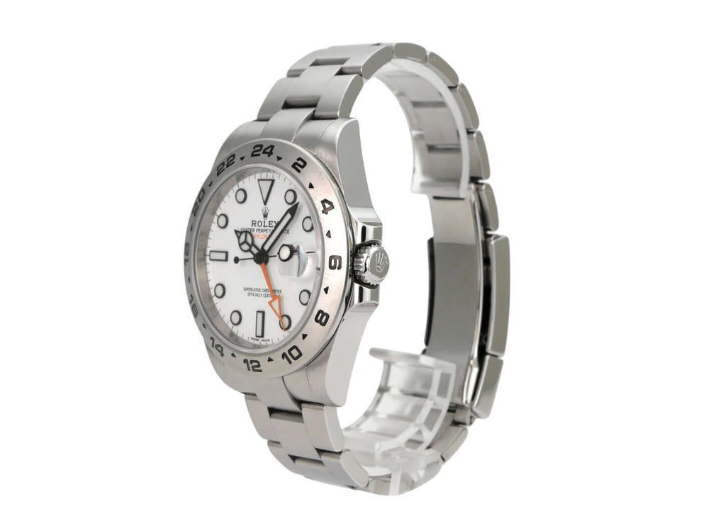 Rolex Explorer II 42 Edelstahl 216570 weiß mit silbernem Armband und weißem Zifferblatt