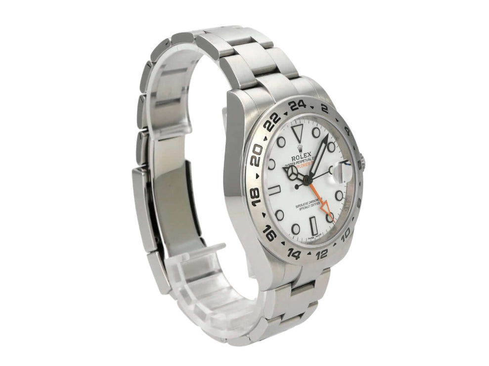 Rolex Explorer II 42 Edelstahl 216570 weiß - Automatik Uhr mit weißem Zifferblatt und Edelstahlarmband.