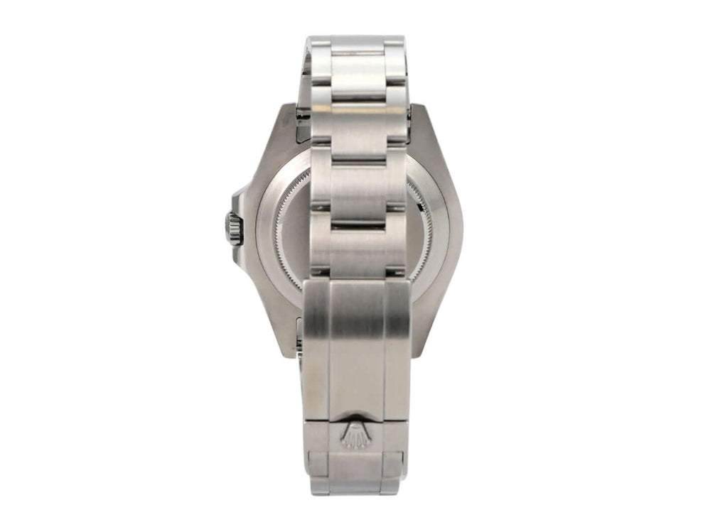 Rolex Explorer II 42 Edelstahl 216570 weiß, Ansicht der Armbanduhr von hinten mit Edelstahlgehäuse und Armband.
