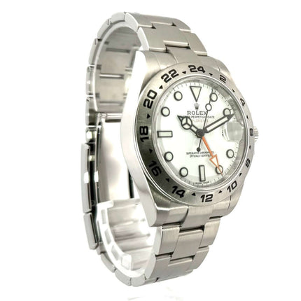 Rolex Explorer II 42 mm Edelstahl Ref. 216570, weißes Zifferblatt, poliertes und satiniertes Gehäuse, Edelstahl Lünette mit 24 Stunden-Skala, aus 2018.