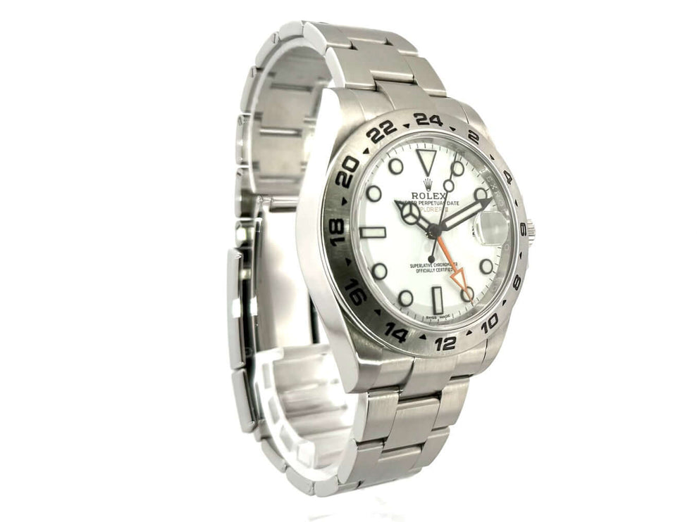 Rolex Explorer II 42 mm Edelstahl Ref. 216570, weißes Zifferblatt, poliertes und satiniertes Gehäuse, Edelstahl Lünette mit 24 Stunden-Skala, aus 2018.