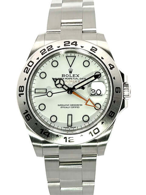 Rolex Explorer II 42 mm Edelstahl, Modell 216570, weißes Zifferblatt, Edelstahl Lünette mit 24 Stunden Skala, Oyster Armband, automatische Uhr.