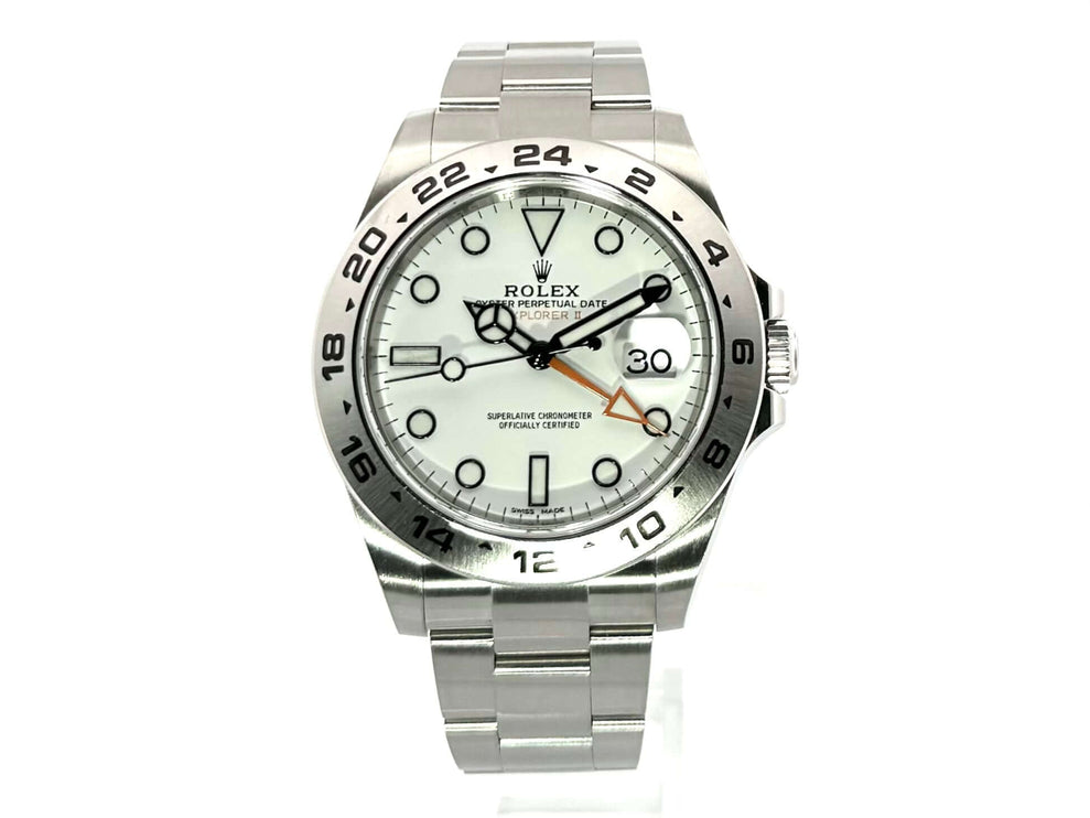 Rolex Explorer II 42 mm Edelstahl Ref. 216570 weißes Zifferblatt, Leuchtindizes, 24 Stunden Skala Lünette, poliertes und satiniertes Gehäuse.