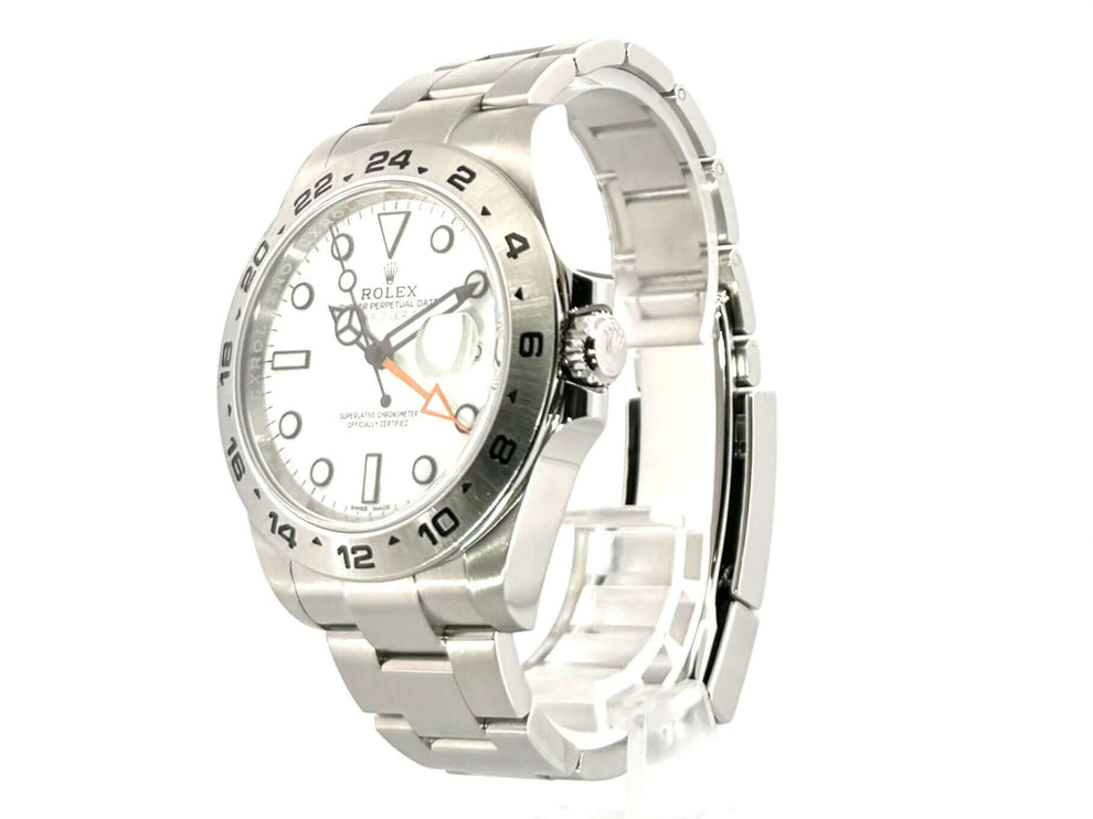 Rolex Explorer II 42 mm Edelstahl Ref. 216570 mit weißem Zifferblatt und Oyster-Armband, poliertes und satiniertes Gehäuse, Leuchtindizes.