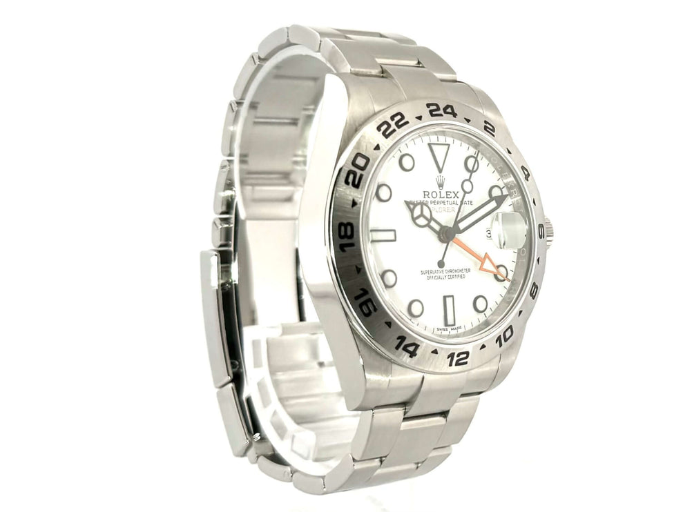 Rolex Explorer II 42 mm Edelstahl Ref. 216570 mit weißem Zifferblatt, poliertem und satiniertem Gehäuse, und satiniertem Oyster Edelstahl Armband.