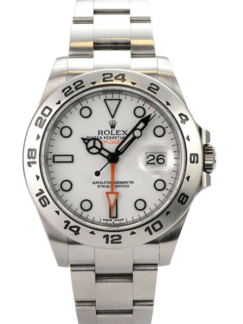 Rolex Explorer II 42 Edelstahl 216570 weiß mit weißem Zifferblatt und Edelstahlarmband.