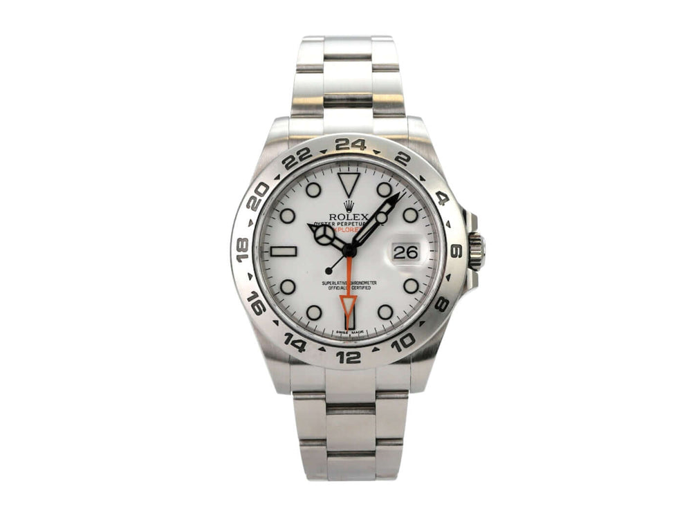 Rolex Explorer II 42 Edelstahl 216570 weiß - elegantes Automatikwerk mit weißem Zifferblatt und Edelstahlarmband.