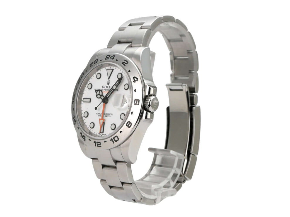 Rolex Explorer II 42 Edelstahl 216570 weiß mit poliertem und satiniertem Gehäuse und weißem Zifferblatt.