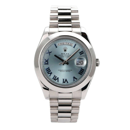 Rolex Day-Date II Platin 218206 mit eisblauem Zifferblatt und römischen Zahlen, 41 mm, Präsident Armband aus Platin.