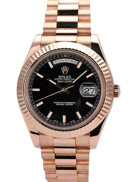 Rolex Day-Date II 218235 in 18 kt Everose-Gold mit schwarzem Zifferblatt und Präsident Armband.